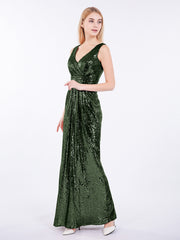 Fourreau Col en V Paillettes Robe Longue Olive Verte