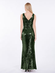 Fourreau Col en V Paillettes Robe Longue Olive Verte Grande Taille