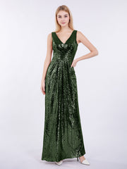 Fourreau Col en V Paillettes Robe Longue Olive Verte Grande Taille