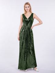 Fourreau Col en V Paillettes Robe Longue Olive Verte