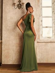 Robe Sans Manches à Une Épaule avec Nœud sur l'Épaule Olive Verte