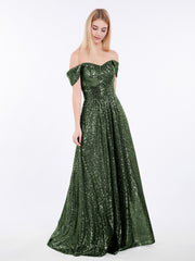 Robe Longue Paillettes avec Hors de L'épaule Olive Verte