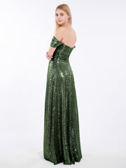Robe Longue Paillettes avec Hors de L'épaule Olive Verte