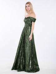 Robe Longue Paillettes avec Hors de L'épaule Olive Verte