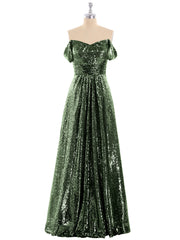 Robe Longue Paillettes avec Hors de L'épaule Olive Verte