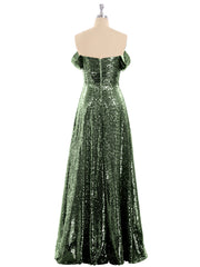 Robe Longue Paillettes avec Hors de L'épaule Olive Verte Grande Taille
