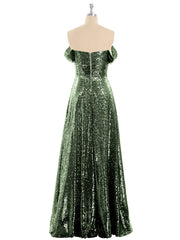 Robe Longue Paillettes avec Hors de L'épaule Olive Verte