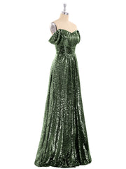 Robe Longue Paillettes avec Hors de L'épaule Olive Verte