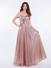 Robe Longue Paillettes avec Hors de L'épaule Or Rose
