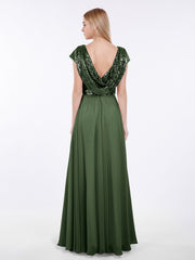 Paillettes Robe Longue avec Mancherons Olive Verte