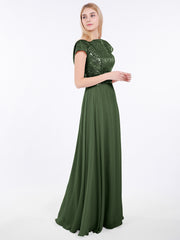 Paillettes Robe Longue avec Mancherons Olive Verte