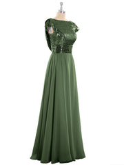 Paillettes Robe Longue avec Mancherons Olive Verte