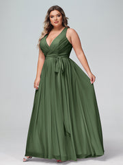 Profond Col En V Mousseline Robe Avec Ceinture Nœud Olive Verte Grande Taille