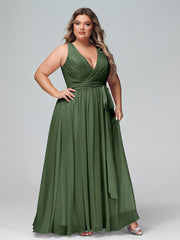 Profond Col En V Mousseline Robe Avec Ceinture Nœud Olive Verte Grande Taille