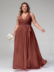 Profond Col En V Mousseline Robe Avec Ceinture Nœud terracotta Grande Taille