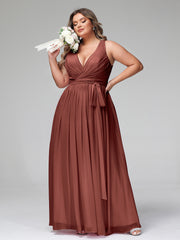 Profond Col En V Mousseline Robe Avec Ceinture Nœud terracotta Grande Taille