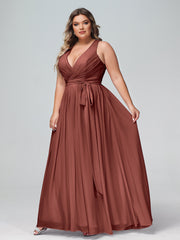 Profond Col En V Mousseline Robe Avec Ceinture Nœud terracotta Grande Taille