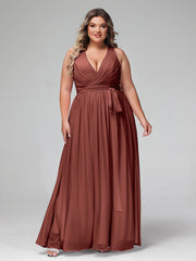 Profond Col En V Mousseline Robe Avec Ceinture Nœud terracotta Grande Taille