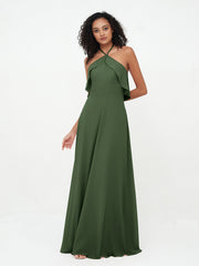 Licou Bretelle Robes de Demoiselle d'Honneur Longues en Mousseline Olive Verte Grande Taille