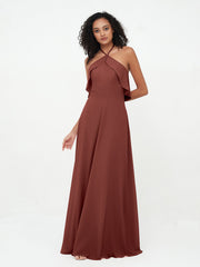 Licou Bretelle Robes de Demoiselle d'Honneur Longues en Mousseline terracotta Grande Taille