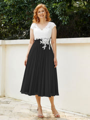 Col en V Mousseline Robe avec Bustier Appliqué Ivoire Noir