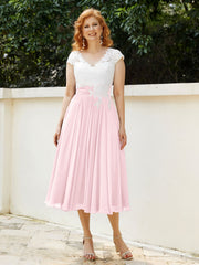 Col en V Mousseline Robe avec Bustier Appliqué Ivoire Rose Pâle Grande Taille
