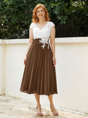 Col en V Mousseline Robe avec Bustier Appliqué Ivoire Brun Grande Taille