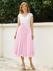 Col en V Mousseline Robe avec Bustier Appliqué Ivoire Rose Bonbon