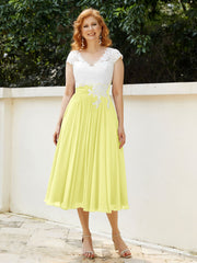 Col en V Mousseline Robe avec Bustier Appliqué Ivoire Jonquille Grande Taille
