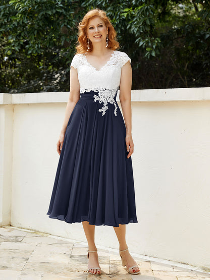 Col en V Mousseline Robe avec Bustier Appliqué Ivoire Bleu Marine