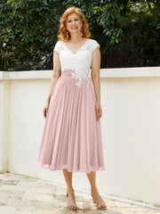 Col en V Mousseline Robe avec Bustier Appliqué Ivoire Rose Poudré Grande Taille