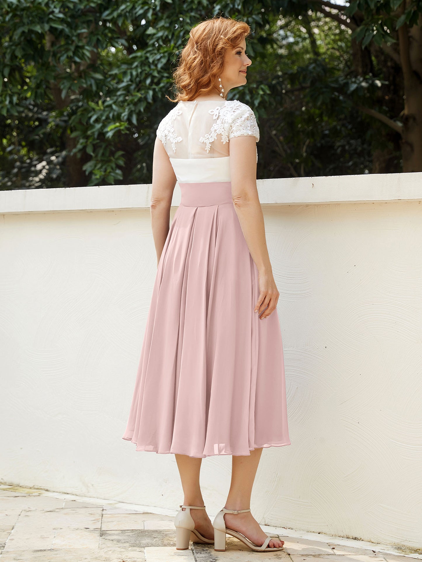 Col en V Mousseline Robe avec Bustier Appliqué Ivoire Rose Poudré Grande Taille