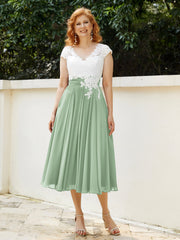 Col en V Mousseline Robe avec Bustier Appliqué Ivoire Sauge Poudrée