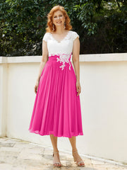Col en V Mousseline Robe avec Bustier Appliqué Ivoire Fuchsia Grande Taille