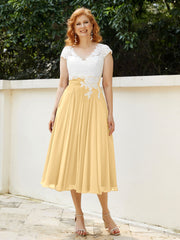 Col en V Mousseline Robe avec Bustier Appliqué Ivoire Or Grande Taille