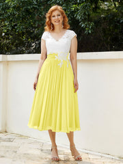 Col en V Mousseline Robe avec Bustier Appliqué Ivoire Citron Grande Taille
