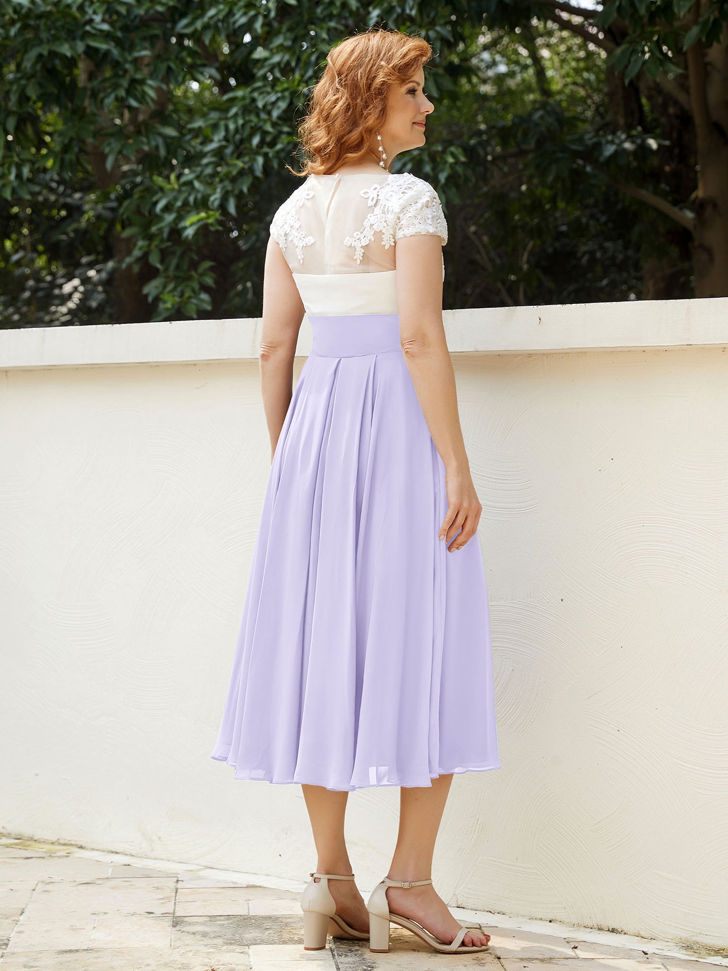 Col en V Mousseline Robe avec Bustier Appliqué Ivoire Lilas Grande Taille