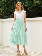 Col en V Mousseline Robe avec Bustier Appliqué Ivoire Vert Menthe