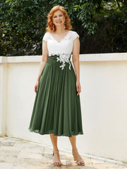 Col en V Mousseline Robe avec Bustier Appliqué Ivoire Olive Verte Grande Taille