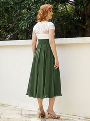 Col en V Mousseline Robe avec Bustier Appliqué Ivoire Olive Verte Grande Taille