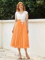 Col en V Mousseline Robe avec Bustier Appliqué Ivoire Orange
