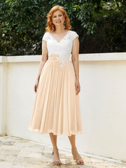 Col en V Mousseline Robe avec Bustier Appliqué Ivoire Pêche