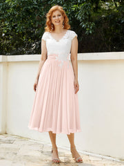 Col en V Mousseline Robe avec Bustier Appliqué Ivoire Rose Perle
