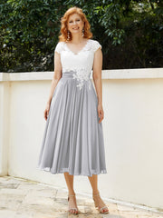 Col en V Mousseline Robe avec Bustier Appliqué Ivoire Argent Grande Taille