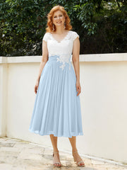 Col en V Mousseline Robe avec Bustier Appliqué Ivoire Bleu Ciel Grande Taille