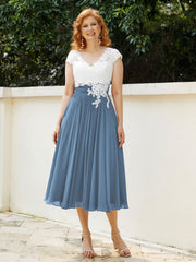 Col en V Mousseline Robe avec Bustier Appliqué Ivoire Bleu de Schiste Grande Taille