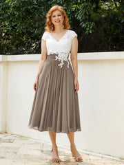 Col en V Mousseline Robe avec Bustier Appliqué Ivoire Taupe Grande Taille