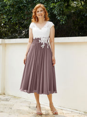 Col en V Mousseline Robe avec Bustier Appliqué Ivoire Vintage Mauve Grande Taille