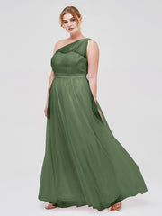 Une Epaule Tulle Robe Demoiselle d'honneur pour La Soirée de Mariage Olive Verte Grande Taille