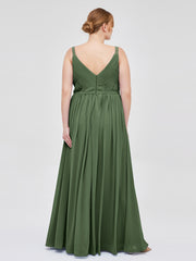 Robes Demoiselle d'honneure avec Deux Bretelles Mousseline Olive Verte Grande Taille